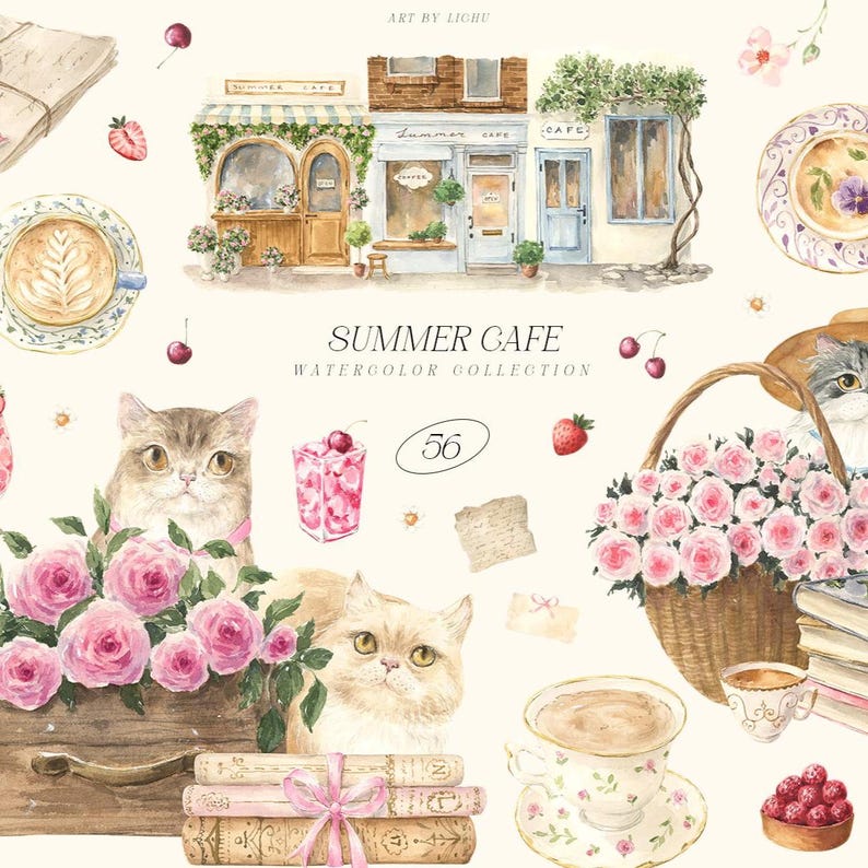 May include: Watercolor illustration featuring a summer cafe scene with cats, flowers, and food items. The image includes a cafe storefront, a basket of roses, a cup of coffee, and a glass of pink drink with cherries. The text "Summer Cafe" is visible.