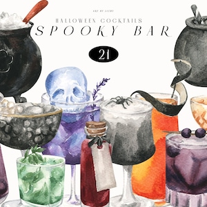 Aquarell Cocktail Clipart Halloween Bar, Spooky Drink, Gin Margarita, Saft, Alkohol, Aperol, Likör, Wodka, Tequila Rum, Menü-Logo, Sublimation png