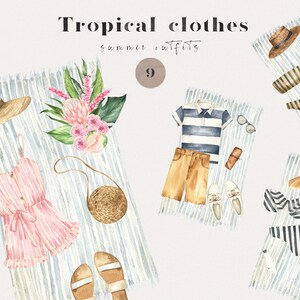 Aquarell Sommer Outfits Clipart Boho Mode Frauen Männer Kleidung Tropische Stimmung Stil Schuhe Kleid Bikini Hüte Hemd Sublimation Clip Art png