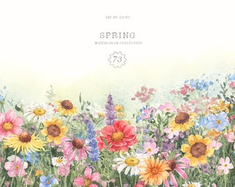 May include: Watercolor painting of a spring flower border with a variety of flowers in shades of pink, yellow, blue, and purple. The flowers are arranged in a row across the bottom of the image, with a white background above them. The text "SPRING WATERCOLOR COLLECTION 73" is in the upper center of the image.