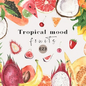 Clipart de frutas tropicales de acuarela, cítricos, papaya, melón, sandía, lima, limón, fresa, hojas verdes, invitación de boda de verano, cocina png