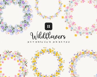 Wildflower Clipart Watercolor Dainty Wild Flower Wreath Bright floral Frame Meadow Herb Pastel Logo Wedding invite Nursery Sublimation png