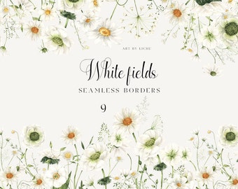 Watercolor Wildflowers White Fields Borders Clipart Floral Meadow Seamless Border Delicate Daisies Wild Flowers Wedding Sublimation png