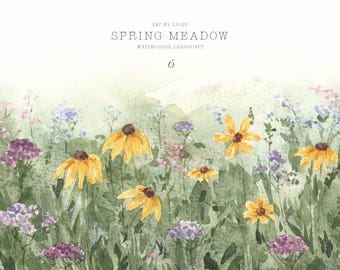 Wild Flowers Clipart - Spring Meadow Watercolor Landscapes - Floral Borders Clipart - Wildflower Fields - Floral Digital - Nature Invitation