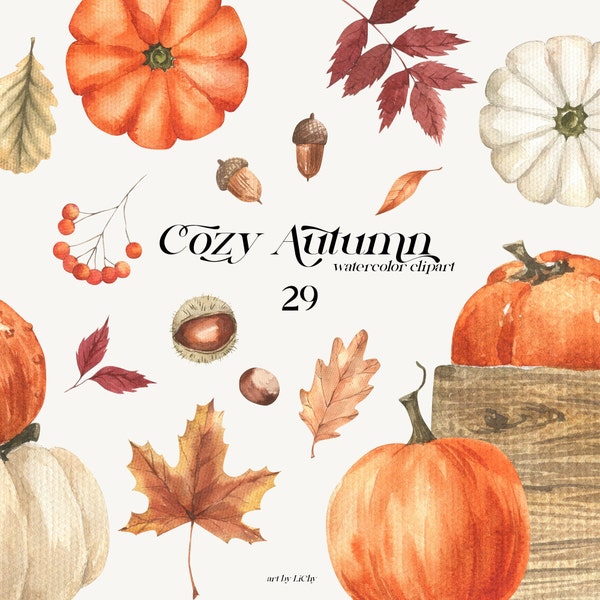 Watercolor Fall Clipart Autumn Harvest Leaves Pumpkin Foliage Vegetables Sublimation Digital Download Thanksgiving Day Cozy clip art png