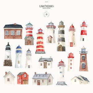May include: Watercolor illustration of various lighthouses and coastal buildings. The image features a collection of detailed drawings of lighthouses with red, white, and black stripes, along with small houses. The text "Lighthouses" and "watercolor collection" is at the top.