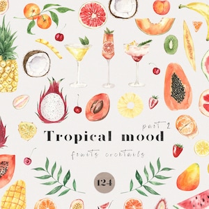 Aquarel tropisch fruit cocktail clipart citrus papaya meloen watermeloen limoen citroen aardbei groen bladeren zomer keuken clip art clip art png