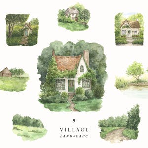 Clipart de Casa de Campo Encantadora | Paisagem Rural em Aquarela | Natureza Caprichosa, Casa, Jardim, Paisagem de Verão, Álbum de Recortes PNG