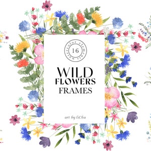 Aquarelle de fleurs sauvages png cadres floraux Clipart prairie flore couronnes logo botanique fleurs sauvages carte de mariage sublimation png art pour chambre de bébé