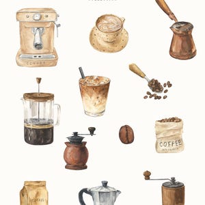 May include: Watercolor illustration of coffee-related items. Includes an espresso machine, a cup of coffee with latte art, a copper coffee pot, a French press, an iced coffee, a spoon of coffee beans, a coffee bean, a bag of coffee, a paper bag of coffee, a stovetop espresso maker, and a coffee grinder. The text "Coffee Aesthetic Watercolor Collection" is at the top.