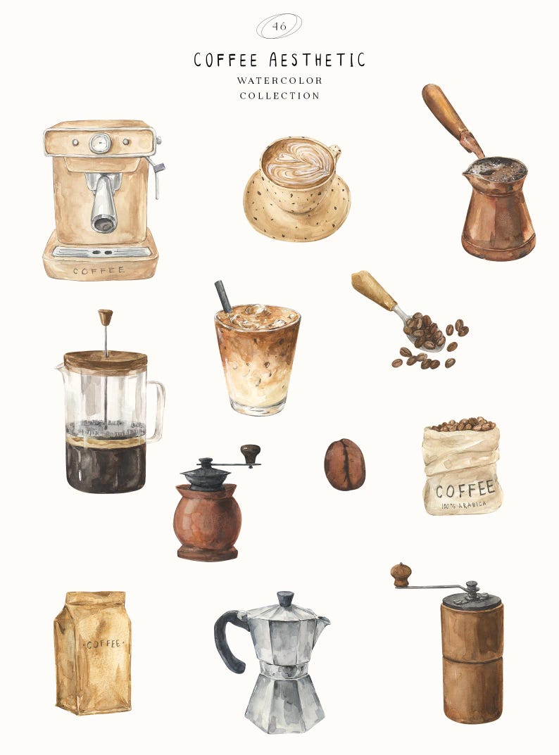 May include: Watercolor illustration of coffee-related items. Includes an espresso machine, a cup of coffee with latte art, a copper coffee pot, a French press, an iced coffee, a spoon of coffee beans, a coffee bean, a bag of coffee, a paper bag of coffee, a stovetop espresso maker, and a coffee grinder. The text "Coffee Aesthetic Watercolor Collection" is at the top.
