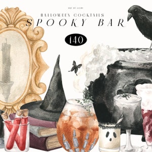 Cocktail di Halloween Bar spettrale Menu acquerello Clipart autunnale Bevanda misteriosa Alcol Sangria alla vecchia maniera Aperol Invito alla festa Sublimazione png
