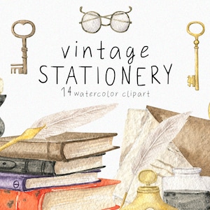 Watercolor Vintage Stationery Clipart Book Letter Wax seal Key Candle Feather Pen Watch Inkwell Ink Dark Academy School Wedding Clip art png