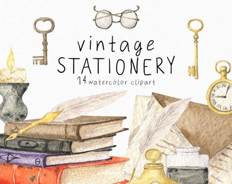 Watercolor Vintage Stationery Clipart Book Letter Wax seal Key Candle Feather Pen Watch Inkwell Ink Dark Academy School Wedding Clip art png