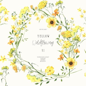 Clipart di fiori selvatici Prato giallo Acquerello Fiori soleggiati Ghirlanda Bordi floreali Invito a nozze Campi caldi Flora estiva Sublimazione png