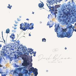 Flores em aquarela clipart, florais azul-marinho - conjunto de flores ao entardecer - coroas de flores, buquês botânicos - download digital - clipart de casamento
