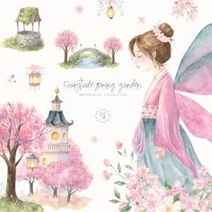 Märchenhafte Frühlingsgarten Clipart - Aquarell Feendorf Soft Fantasy Schloss - Magic Girl Feminine Kunst - Pagode Sakura Baum Digital png