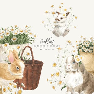 Osterhase Aquarell Daisy Clipart - Kaninchen Clipart, Frühlingsblumen, Korb Clipart, Blumenschmuck, süßes Kaninchen, vorgefertigte Einladung