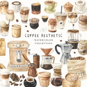 May include: Watercolor illustration of various coffee drinks, including lattes, iced coffee, and espresso. The image also features coffee beans, a coffee maker, and the text "COFFEE AESTHETIC WATERCOLOR COLLECTION."