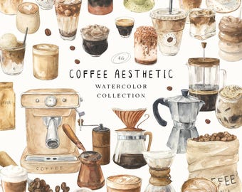 Aquarell Kaffee Clipart | Iced Hot Cafe Getränke, Espressomaschinen, Bohnen & Barista ästhetische Illustrationen | Gemütliche Latte Art Cappuccino