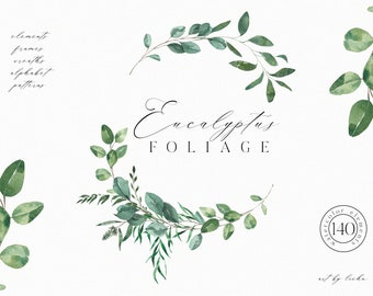 Watercolor Greenery Eucalyptus Leaves Branches Foliage Green Bright Emerald Letters Alphabet Wedding Invitation Seamless Pattern clipart png