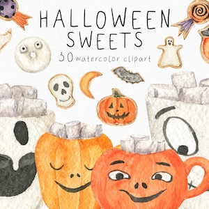 Watercolor Halloween Clipart Logo Cake Food Drink Cookie Bakery Spooky Boo Ghost Allhallows Eve All Saints&#39; Day Fall Autumn Sweets PNG