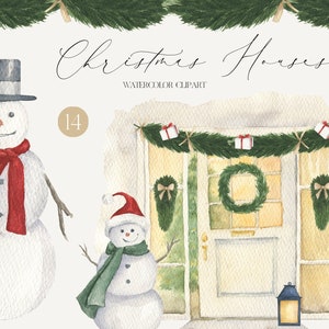 Watercolor Christmas House Door Clipart Cute Snowman png - Cozy Winter Cottage Illustration Instant Download