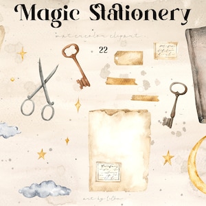 Acuarela Vintage Papelería Clipart Magia Celestial Luna Estrellas Nubes Cósmica Clip Art Llaves Viejas Libro Letras Tijeras Sublimación png