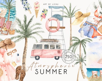 Watercolor Summer Clipart Cocktail Ice Cream Dessert Clothes Outfits Landscape Sea Ocean Beach Palm Trees House Car Bar Leaves clip art png