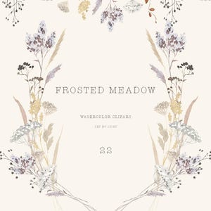以下が含まれることがあります： 「Frosted Meadow」と題された水彩画クリップアート。紫、ベージュ、黄色の落ち着いた色合いの花の配置が特徴です。「Watercolor Clipart」と「Art by Lucie」というテキストが含まれています。数字の「22」も表示されています。