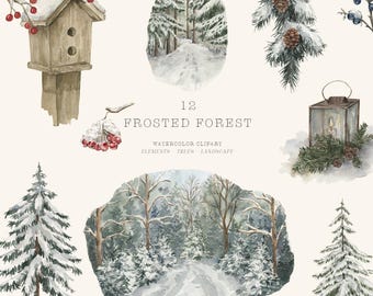 May include: A watercolour clipart set with winter forest elements. Includes a birdhouse, snow-covered pine branches with pinecones, a lantern, and snowy forest scenes. The text "12 Frosted Forest" is also included.