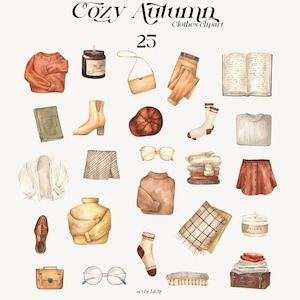 Op de afbeelding: Waterverfillustratie van gezellige herfstitems. Inclusief een trui, kaars, tas, broek, open boek, laarzen, pompoen, bril, sokken, rok en meer. De tekst "Cozy Autumn" en "Clothes clipart" staan bovenaan.
