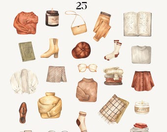 Cozy Autumn Clothes Watercolor Clipart, Fall Fashion Illustrations, Sweater Weather Aesthetic PNG, Warm Clothing, Cottagecore Fall Clip Art