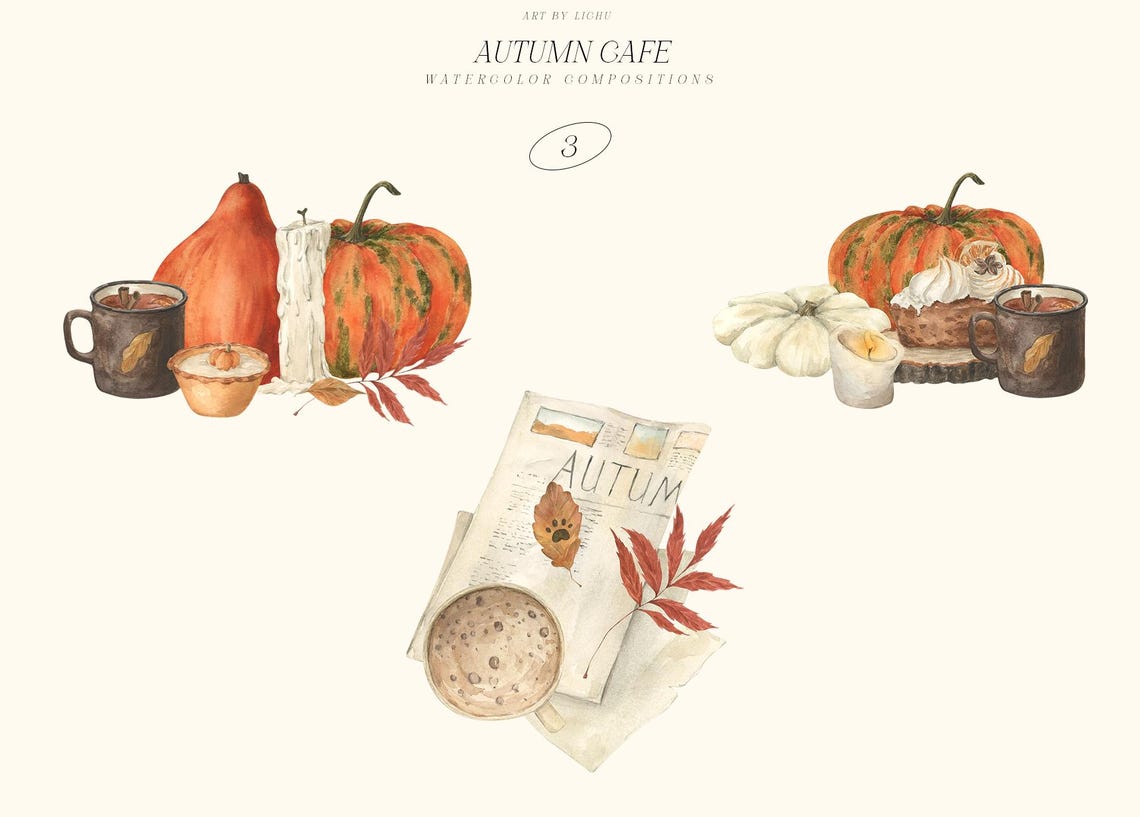 Autumn Cafe Clipart | Cozy Fall Watercolor Illustrations | Cat Coffee ...