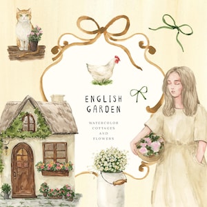 Jardín estilo cottagecore inglés: clipart de acuarela coqueta, clipart preppy grandmillenial, PNG de casa floral, kit de paisaje con estética vintage