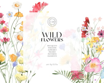 Watercolor Wildflowers Clipart Meadow Wild Summer Flower Spring Blossom Field Floral Bright Herbs Wedding Invitation clip sublimation png