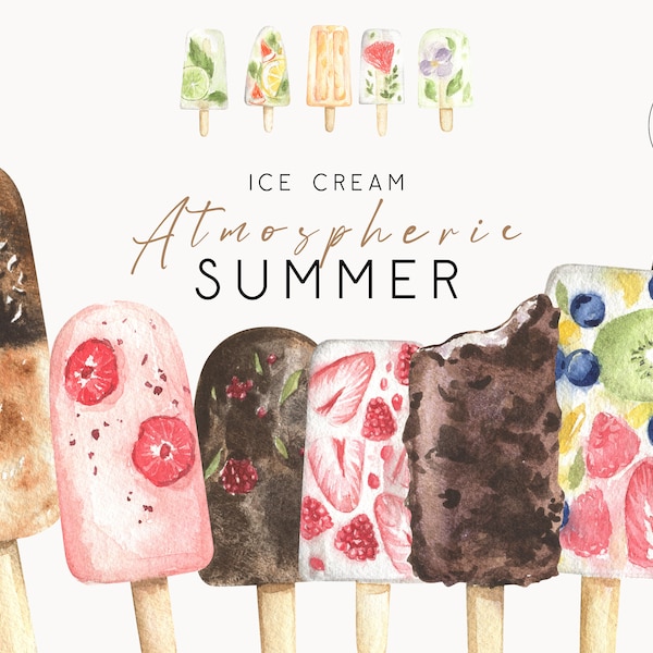 Watercolor Ice Cream Clipart Glaze Popsicle Chocolate Caramel Fruit Fresh Lolly Ice Confectionery Dessert Berry Sublimation clip art png