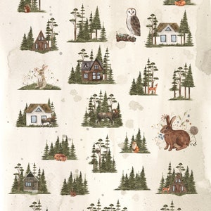 May include: Watercolor illustrations of a magical forest with various animals, including a fox, owl, rabbit, wolf, and deer. There are also small houses and trees in the illustrations. The illustrations are on a beige background with brown watercolor splatters.