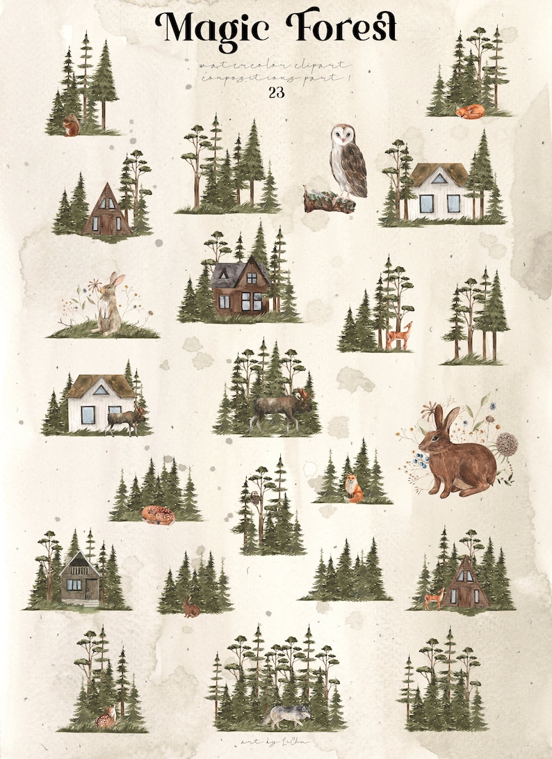 May include: Watercolor illustrations of a magical forest with various animals, including a fox, owl, rabbit, wolf, and deer. There are also small houses and trees in the illustrations. The illustrations are on a beige background with brown watercolor splatters.