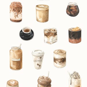 May include: Watercolor illustration of various coffee drinks, including iced coffee, lattes, and espresso. The image features a variety of coffee beverages in different cups and glasses, with the text "COFFEE AESTHETIC WATERCOLOR COLLECTION".