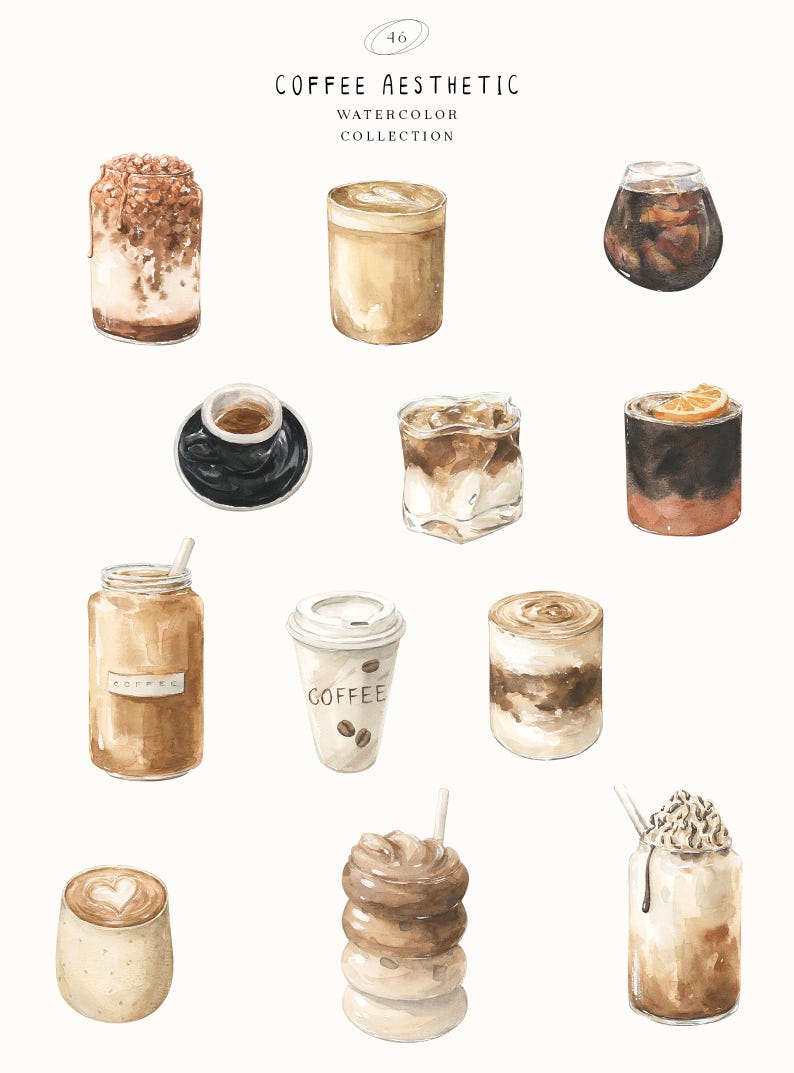 May include: Watercolor illustration of various coffee drinks, including iced coffee, lattes, and espresso. The image features a variety of coffee beverages in different cups and glasses, with the text "COFFEE AESTHETIC WATERCOLOR COLLECTION".