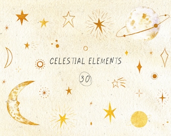 Golden Celestial Clipart Watercolor Space Moon Planet Stars Baby Shower Boho Logo Nursery clip art png