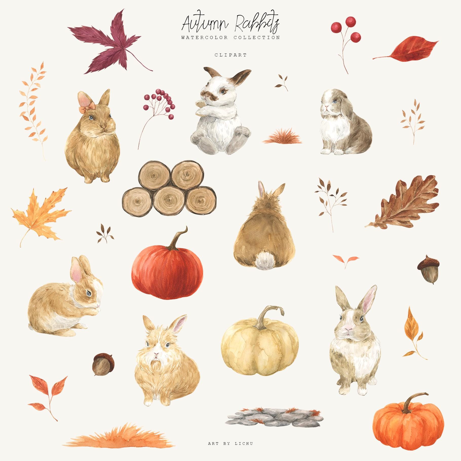 Autumn Watercolor Rabbit Autumn Rabbits Watercolor Clipart – Fall Woodland Animals PNG, Baby ...