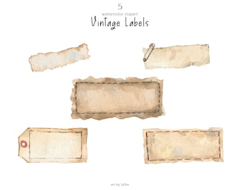 Watercolor Vintage Labels Clipart Old Cute Tag Ribbon Torn Paper Printable for Scrapbooking Digital Download Clip Art png