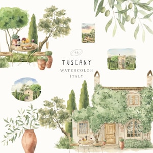 Toscana Akvarell Clipart – Villa Stuga, Oliv & Vingård Scener - Medelhavs Clipart Kullar Landskap Sceneri Rese Kit Italien Bröllop