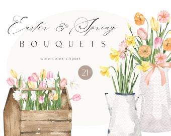 May include: Watercolor clipart of two bouquets of spring flowers. One bouquet is in a white pitcher with a pink ribbon and the other is in a wooden crate. The flowers include tulips, daffodils, and ranunculus in shades of pink, yellow, and orange. The text "Easter & Spring Bouquets" is written in cursive at the top of the image.
