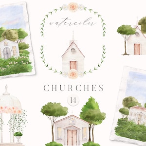Aquarelle église Clipart mariage faire-part Floral bâtiment maisons campagne jardin verdure arbres plante cartes conception clip art png