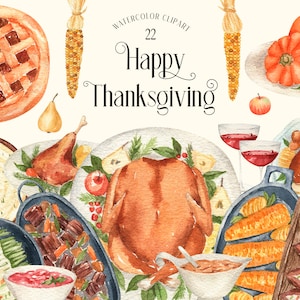 Clipart de jantar de ação de graças em aquarela Torta de abóbora Peru Molho de cranberry Milho assado Batata-doce Outono Outono Comida de Halloween clip art png