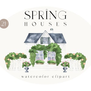 Casa clipart Aquarela chalé Bonito edifício de fazenda Primavera verão jardim plantas arbustos Casa logotipo design clip art sublimação png