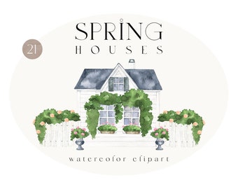 May include: Watercolor clipart illustration of a white house with a green vine, a white picket fence, and pink flowers in pots. The house has a gray roof and a chimney. The text "SPRING HOUSES" is above the house and the text "watercolor clipart" is below the house.